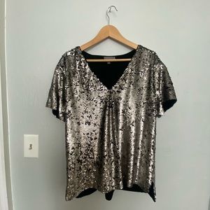 Anthropologie Vanessa Virginia Silver Sequined Boxy Tee Top